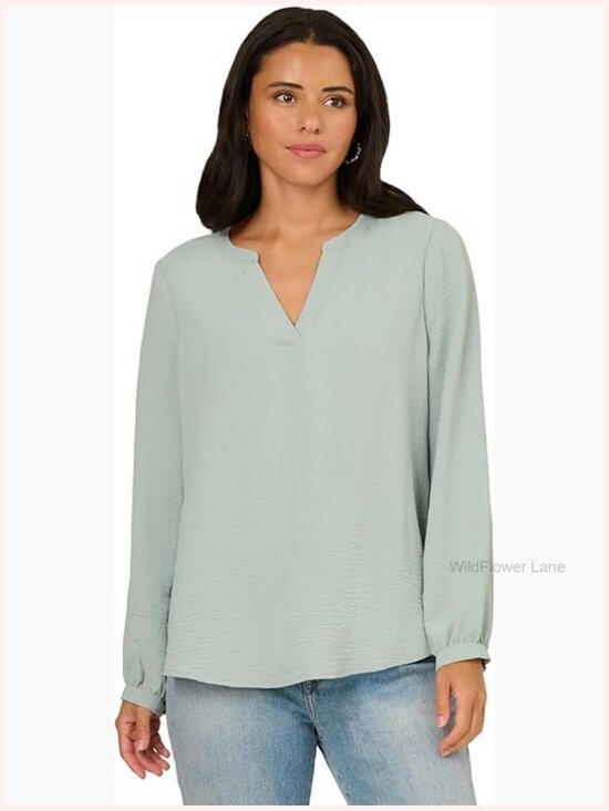 Tops - V-Placket Airflow Woven Blouse Long Sleeve Blouse - 80s style